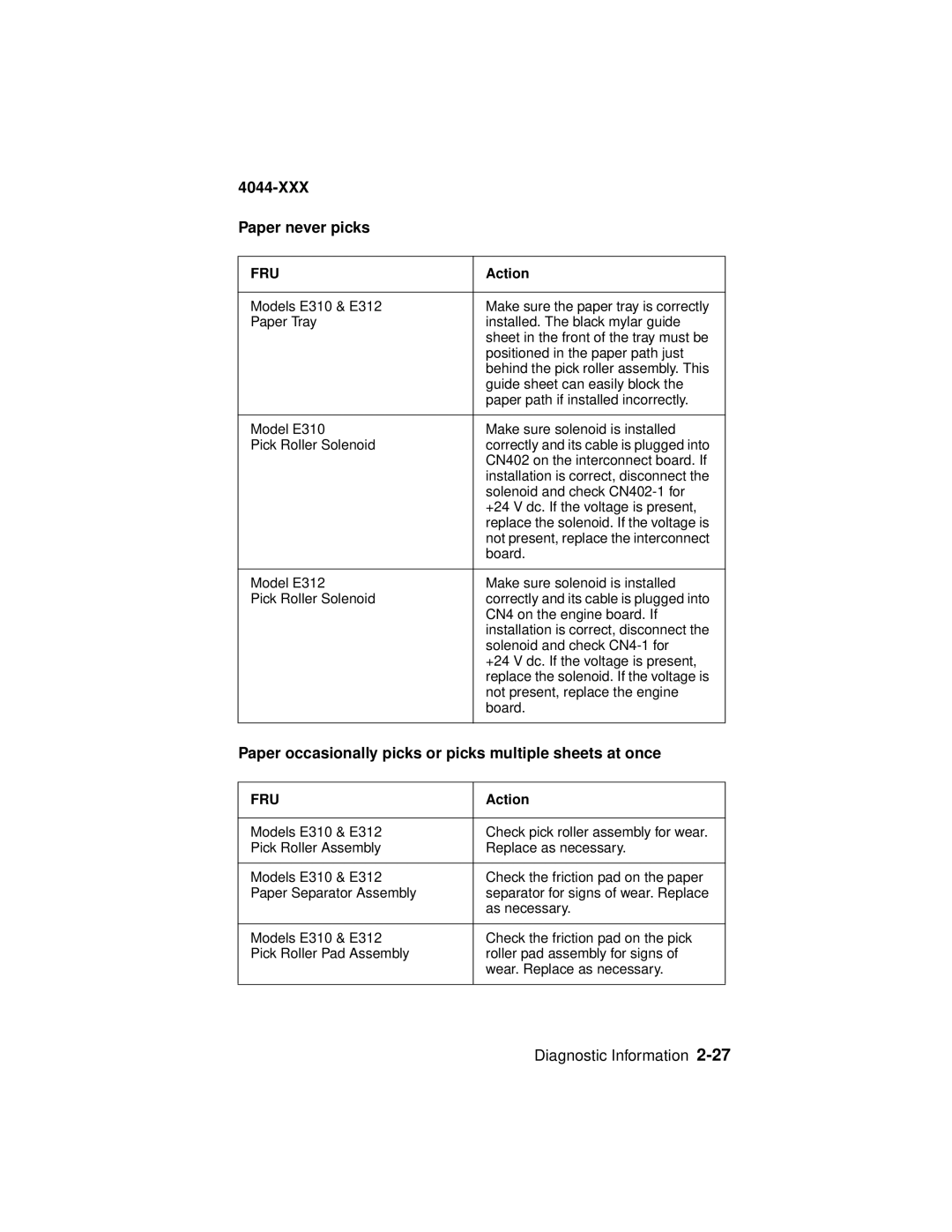 Lexmark E310, 4044-XXX manual XXX Paper never picks, Paper occasionally picks or picks multiple sheets at once 