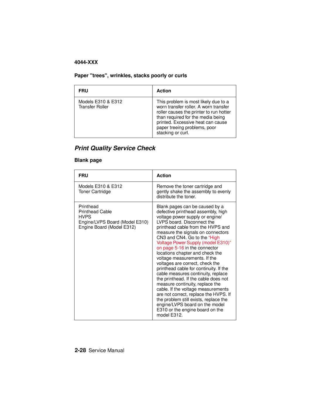 Lexmark 4044-XXX, E310 manual Print Quality Service Check, XXX Paper trees, wrinkles, stacks poorly or curls, Blank 