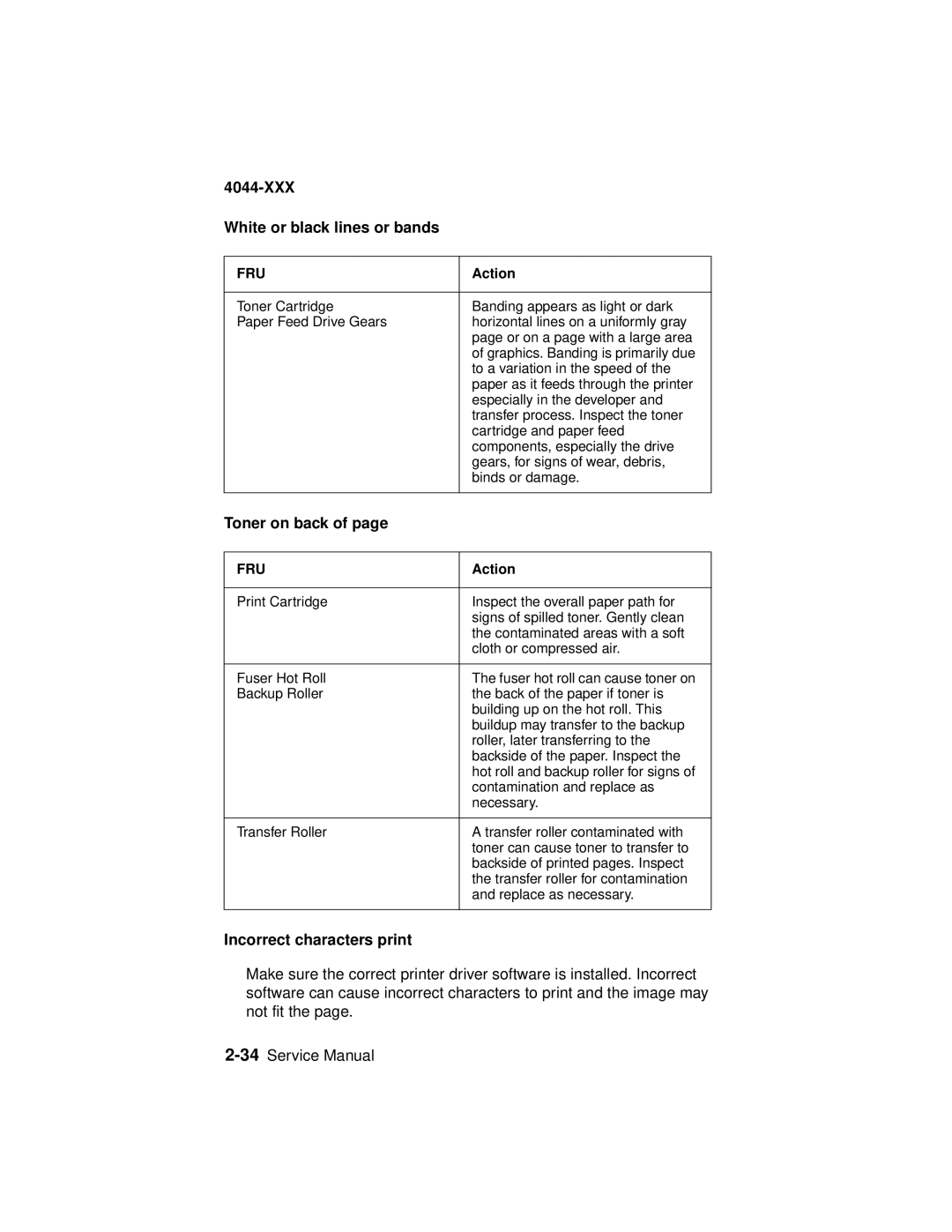 Lexmark 4044-XXX, E310 manual XXX White or black lines or bands, Toner on back, Incorrect characters print 