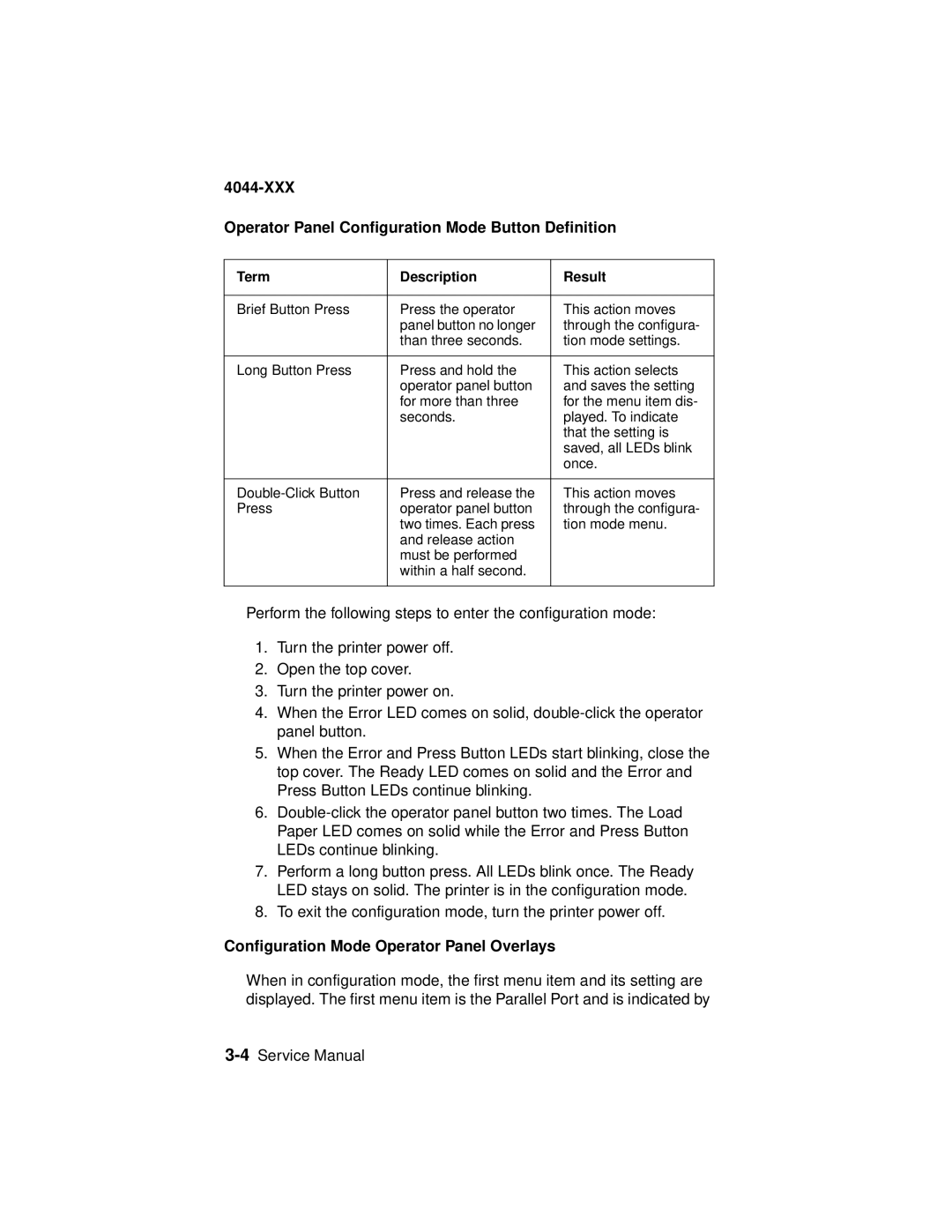 Lexmark 4044-XXX, E310 XXX Operator Panel Configuration Mode Button Definition, Configuration Mode Operator Panel Overlays 