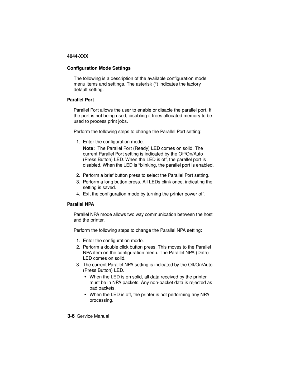 Lexmark 4044-XXX, E310 manual XXX Configuration Mode Settings, Parallel Port, Parallel NPA 