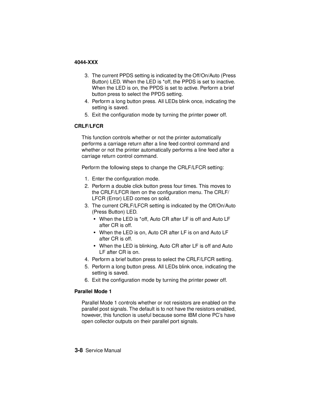 Lexmark 4044-XXX, E310 manual Crlf/Lfcr, Parallel Mode 