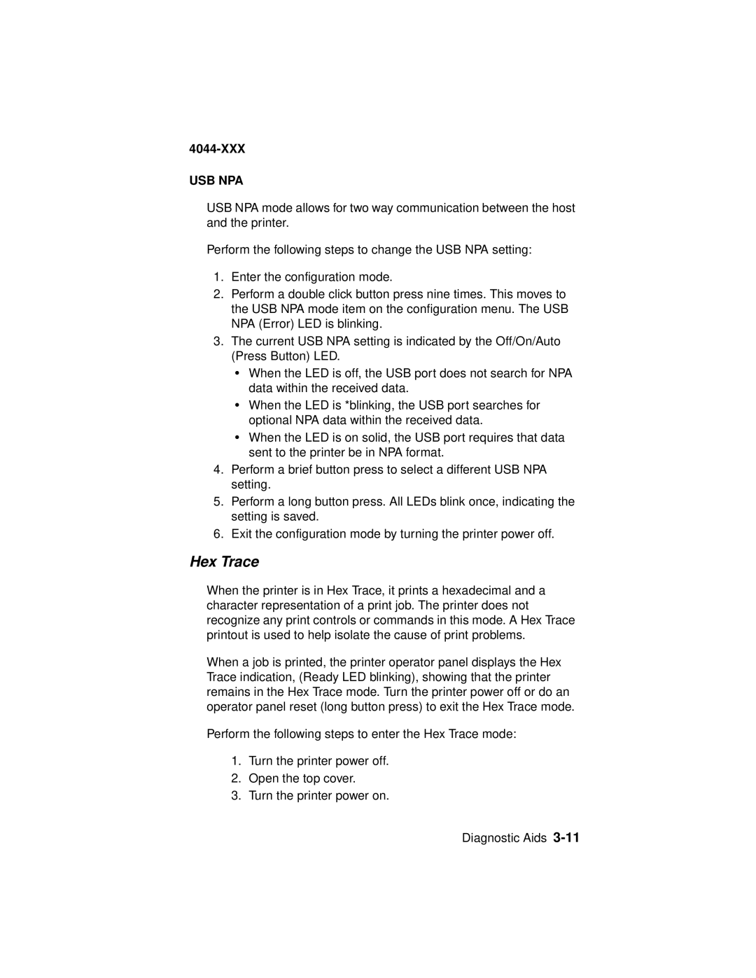 Lexmark E310, 4044-XXX manual Hex Trace, Usb Npa 