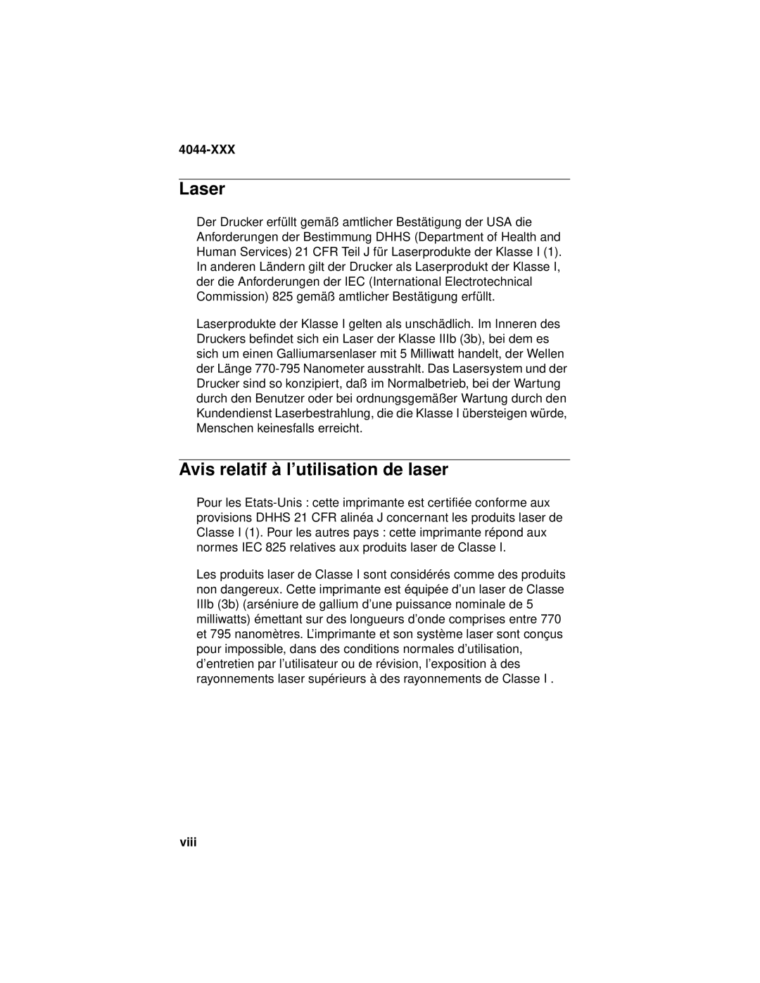 Lexmark 4044-XXX, E310 manual Laser, Avis relatif à l’utilisation de laser, Viii 