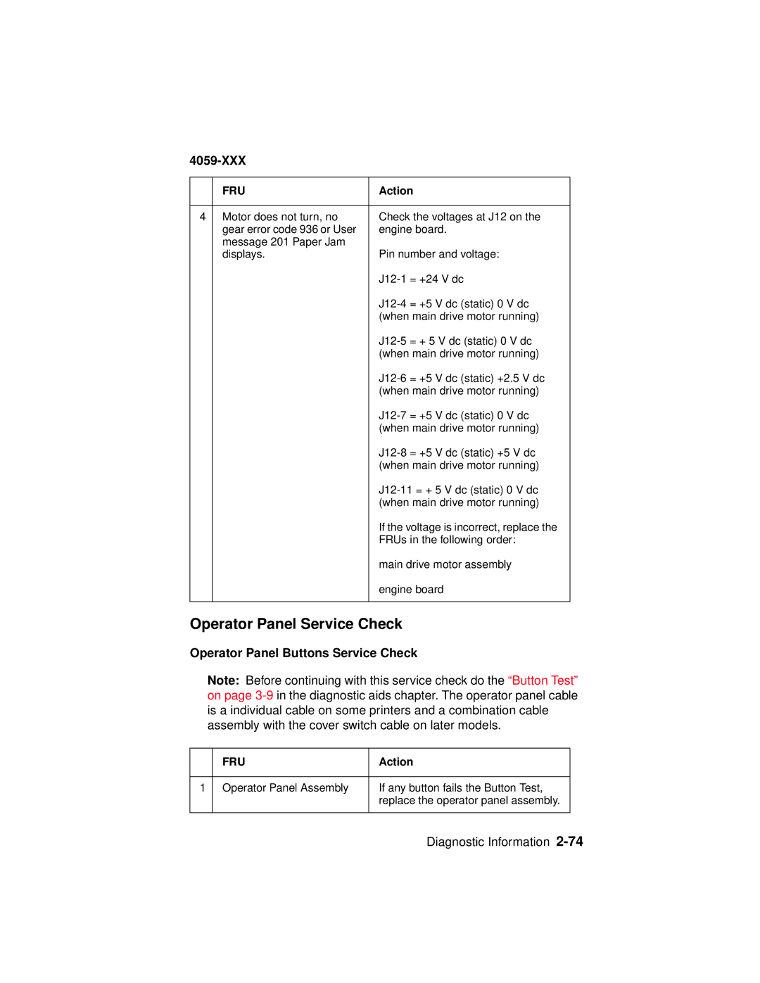 Lexmark 4059-XXX manual Operator Panel Service Check, Operator Panel Buttons Service Check 