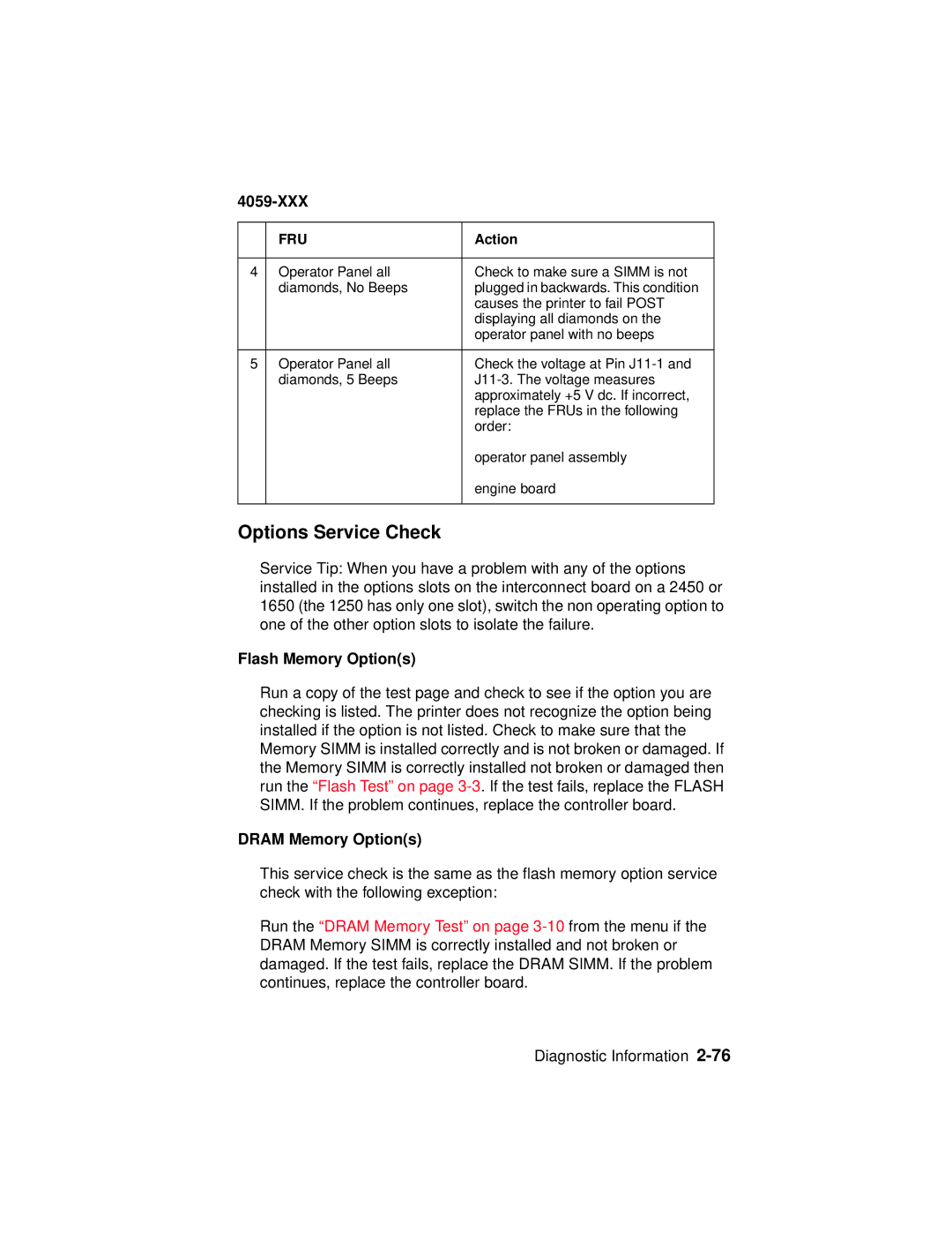 Lexmark 4059-XXX manual Options Service Check, Flash Memory Options, Dram Memory Options 