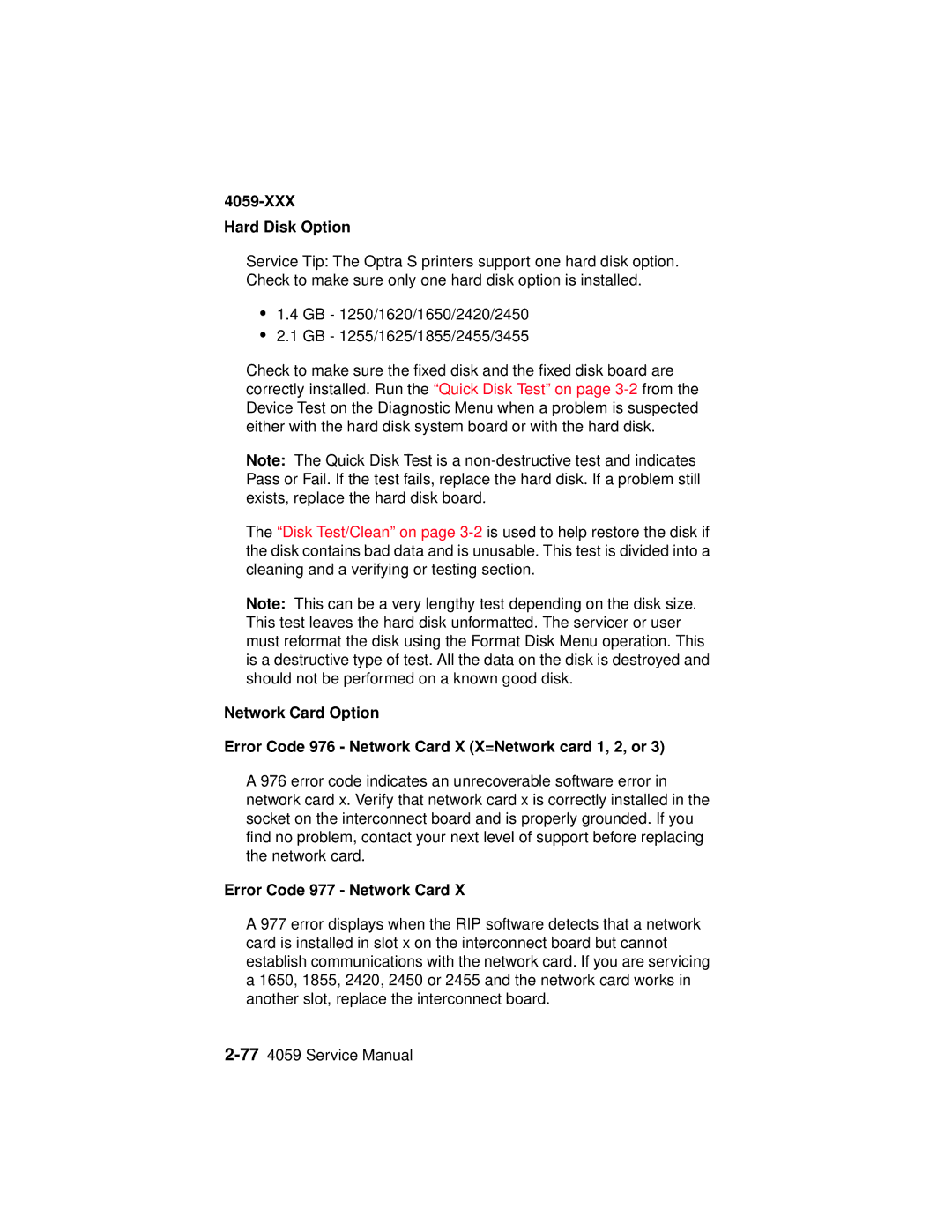 Lexmark 4059-XXX manual XXX Hard Disk Option, Error Code 977 Network Card 