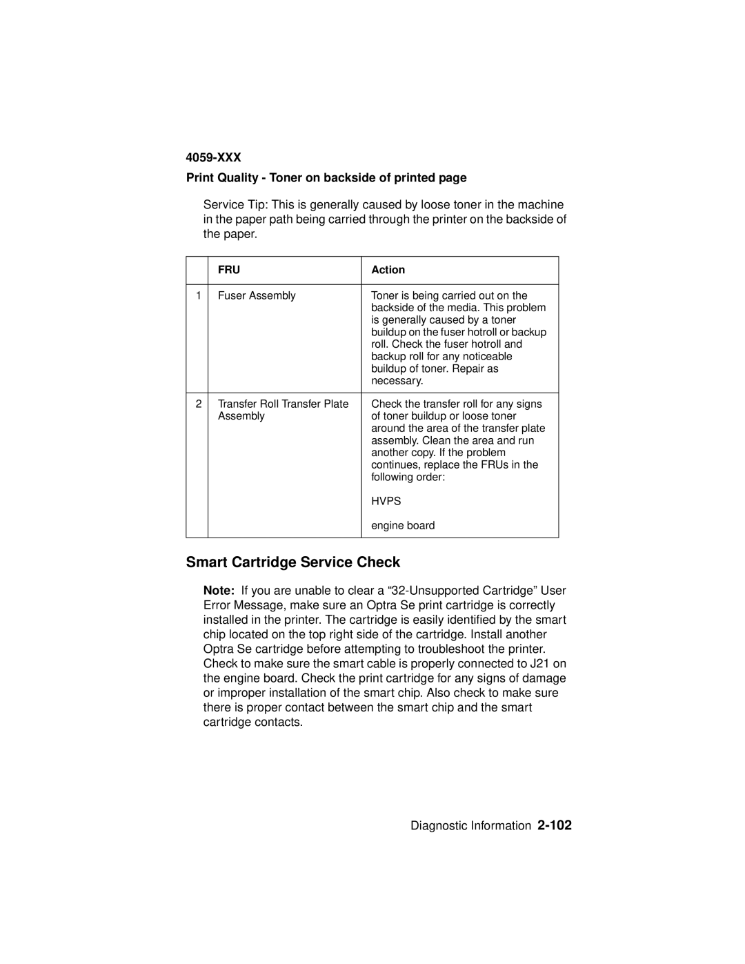 Lexmark 4059-XXX manual Smart Cartridge Service Check, XXX Print Quality Toner on backside of printed 