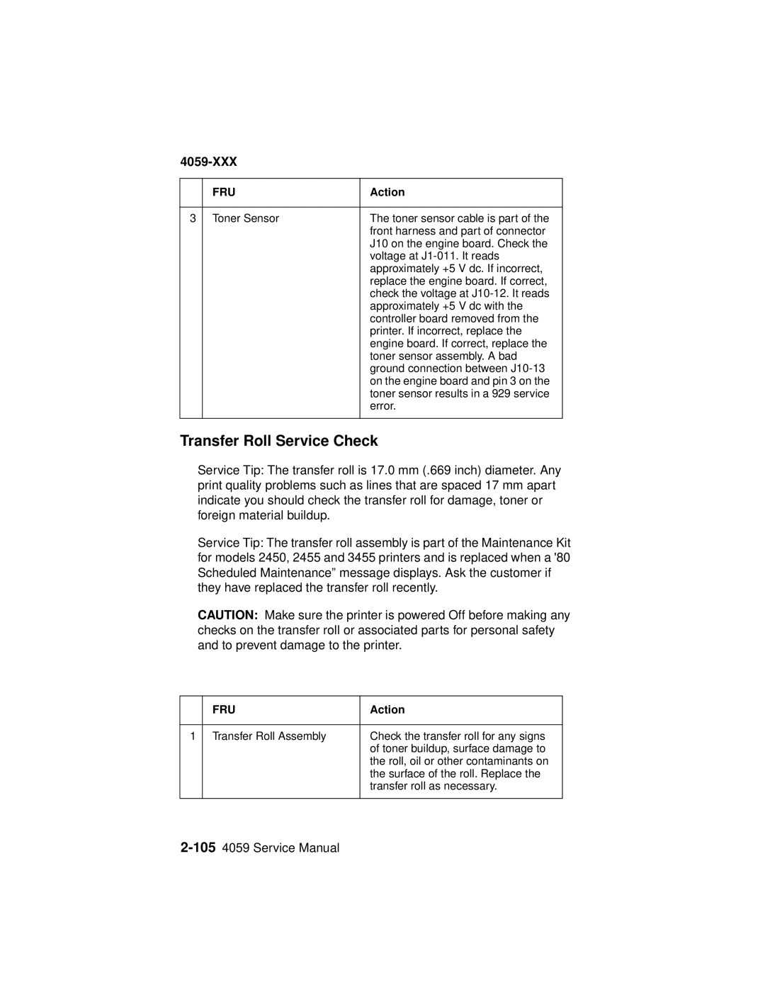 Lexmark 4059-XXX manual Transfer Roll Service Check 