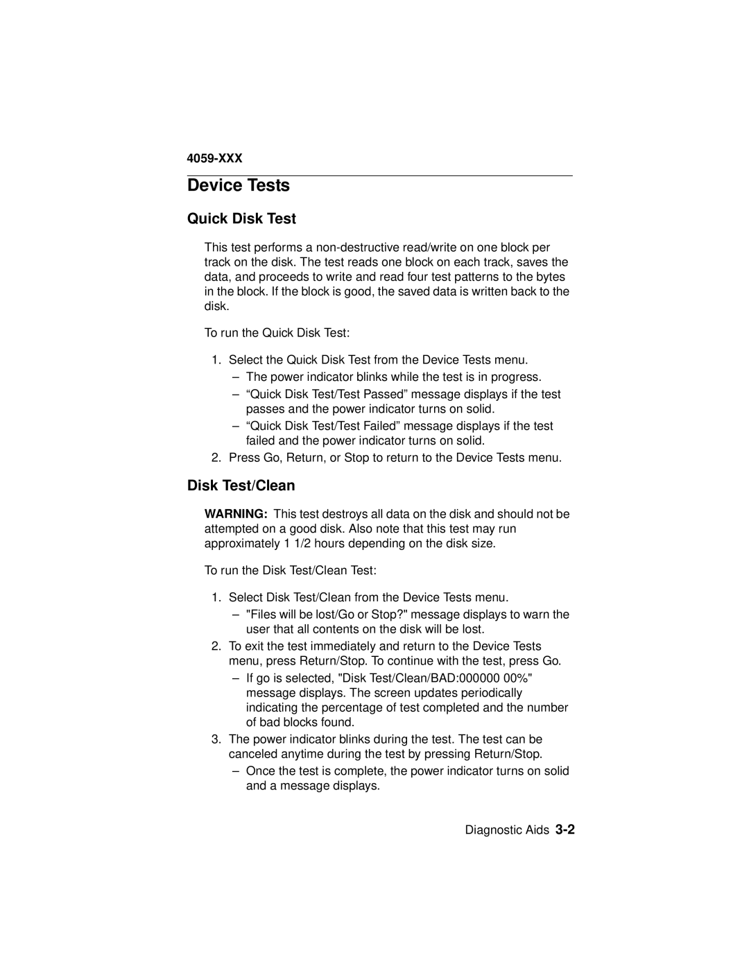 Lexmark 4059-XXX manual Device Tests, Quick Disk Test, Disk Test/Clean 