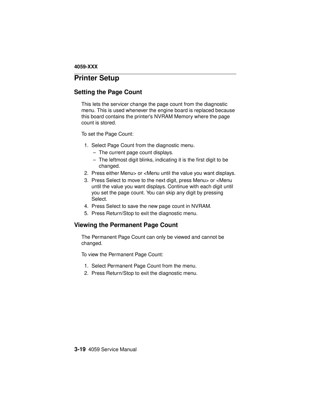 Lexmark 4059-XXX manual Printer Setup, Setting the Page Count, Viewing the Permanent Page Count 