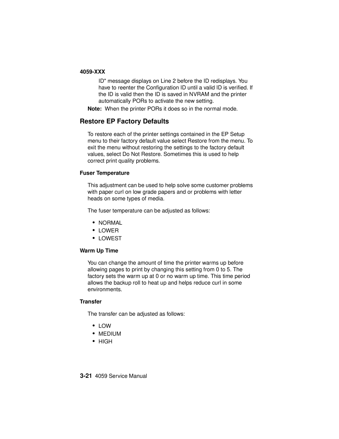 Lexmark 4059-XXX manual Restore EP Factory Defaults, Fuser Temperature, Warm Up Time, Transfer 