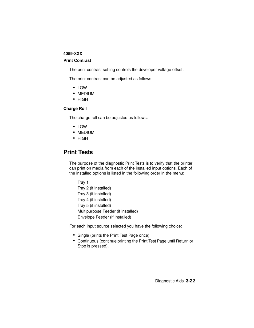 Lexmark 4059-XXX manual Print Tests, XXX Print Contrast, Charge Roll 