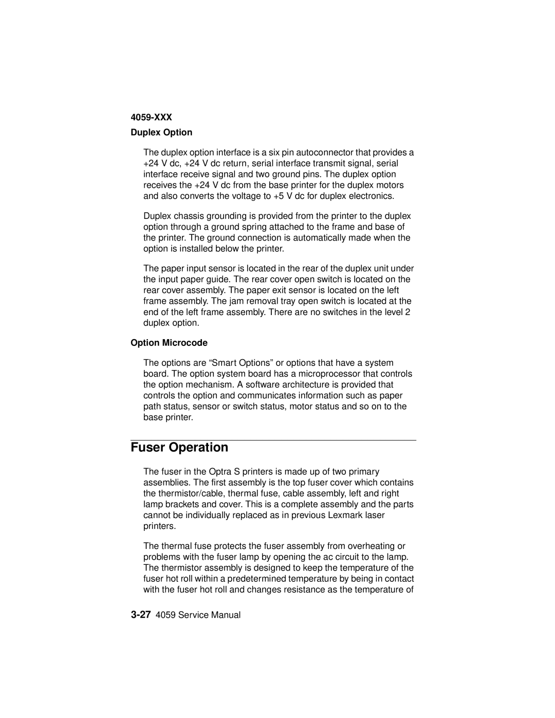 Lexmark 4059-XXX manual Fuser Operation, XXX Duplex Option, Option Microcode 