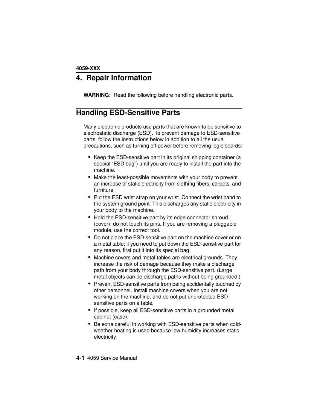 Lexmark 4059-XXX manual Repair Information Handling ESD-Sensitive Parts 