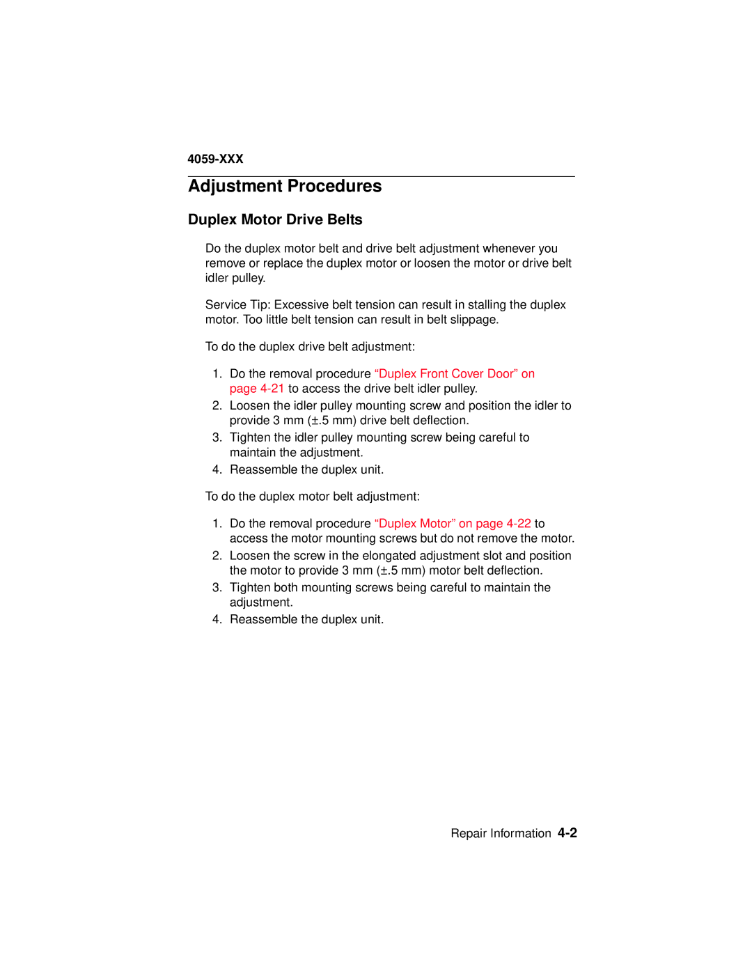 Lexmark 4059-XXX manual Adjustment Procedures, Duplex Motor Drive Belts 