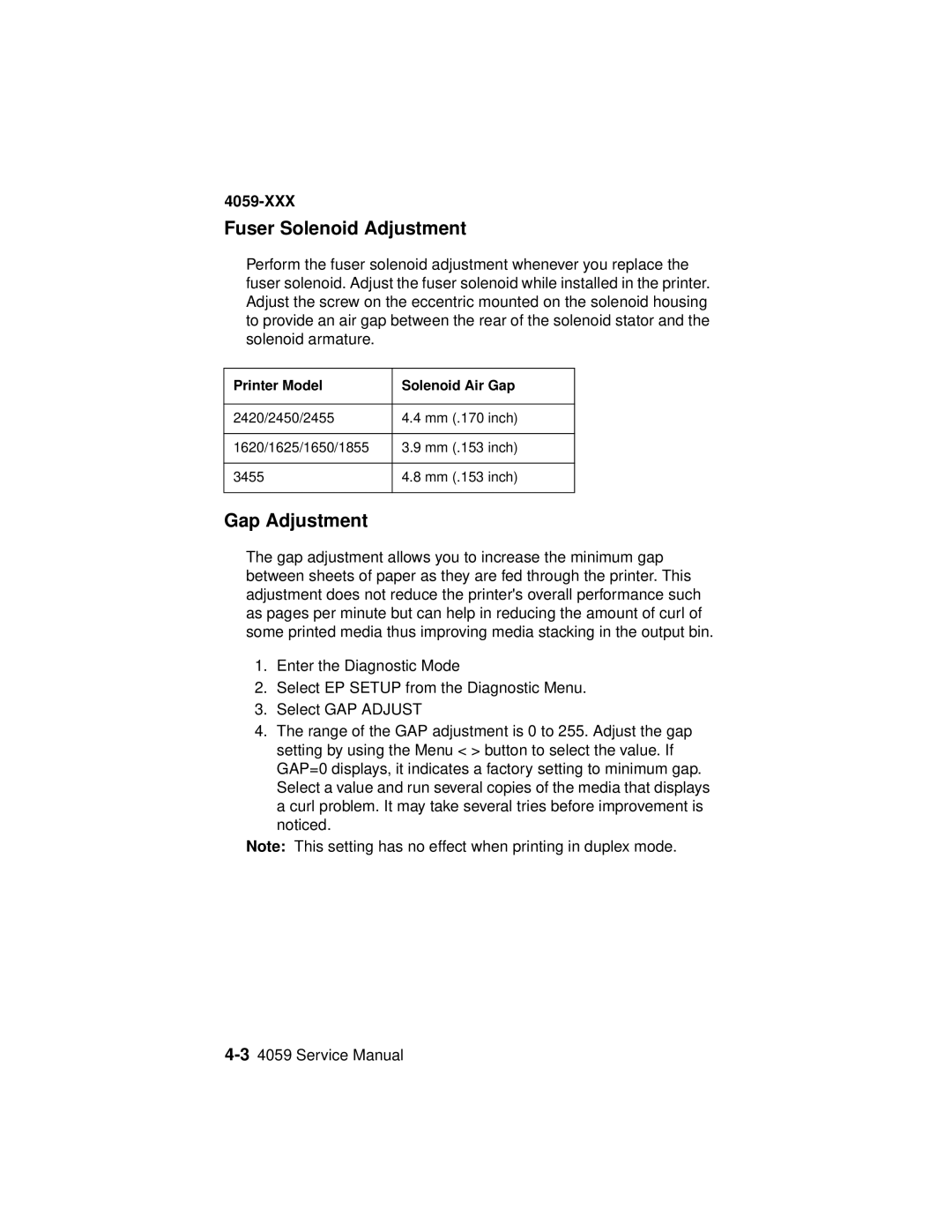 Lexmark 4059-XXX manual Fuser Solenoid Adjustment, Gap Adjustment 