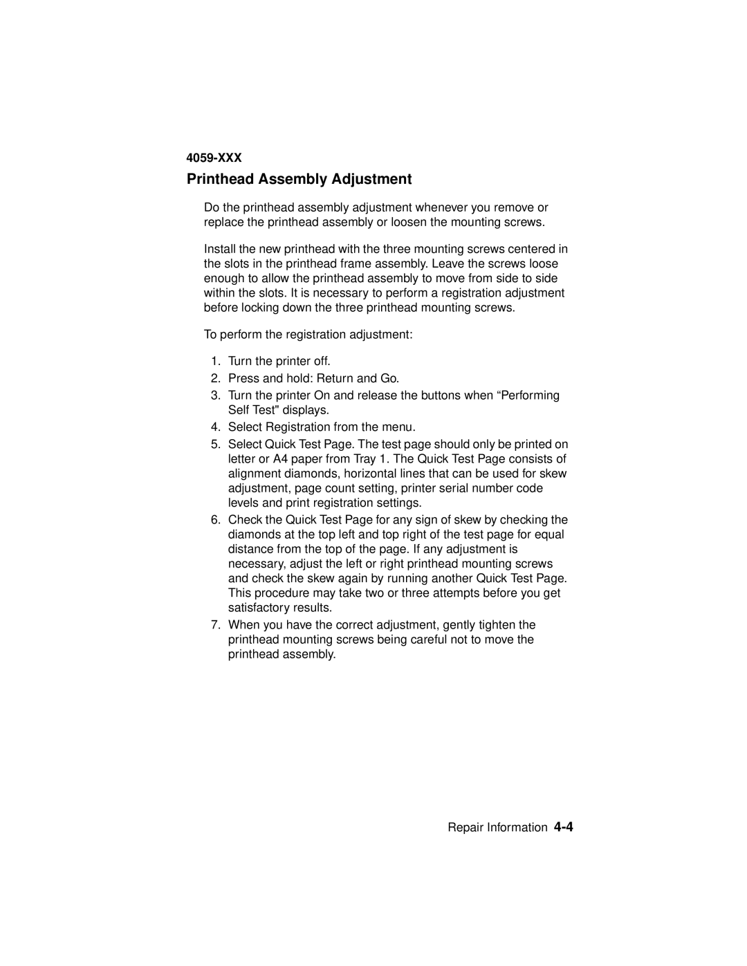 Lexmark 4059-XXX manual Printhead Assembly Adjustment 