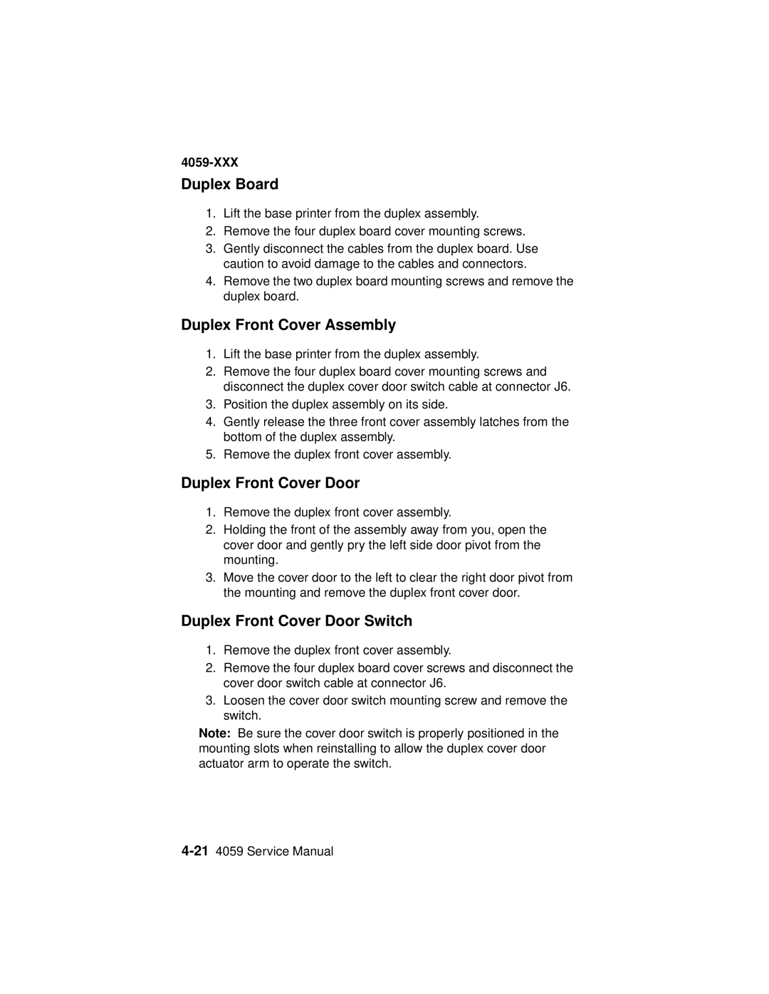 Lexmark 4059-XXX manual Duplex Board, Duplex Front Cover Assembly, Duplex Front Cover Door Switch 