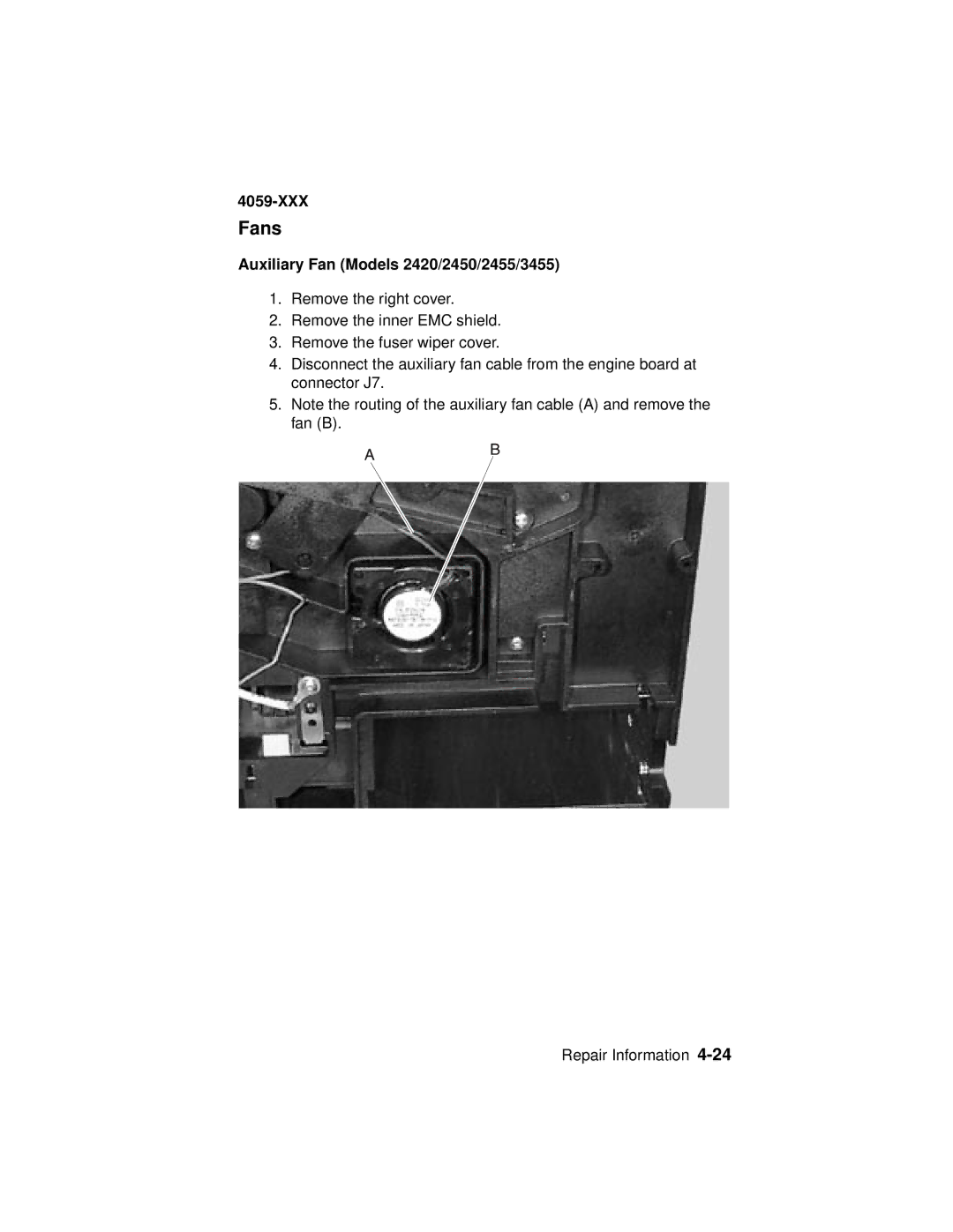 Lexmark 4059-XXX manual Fans, Auxiliary Fan Models 2420/2450/2455/3455 