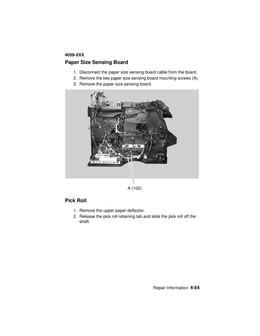 Lexmark 4059-XXX manual Paper Size Sensing Board, Pick Roll 