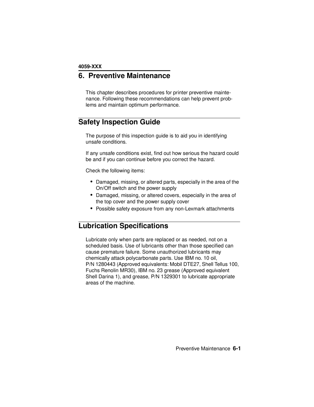 Lexmark 4059-XXX manual Preventive Maintenance, Safety Inspection Guide, Lubrication Specifications 