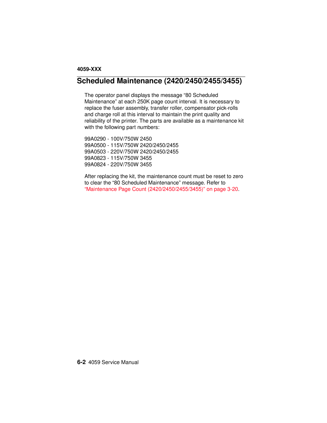 Lexmark 4059-XXX manual Scheduled Maintenance 2420/2450/2455/3455 