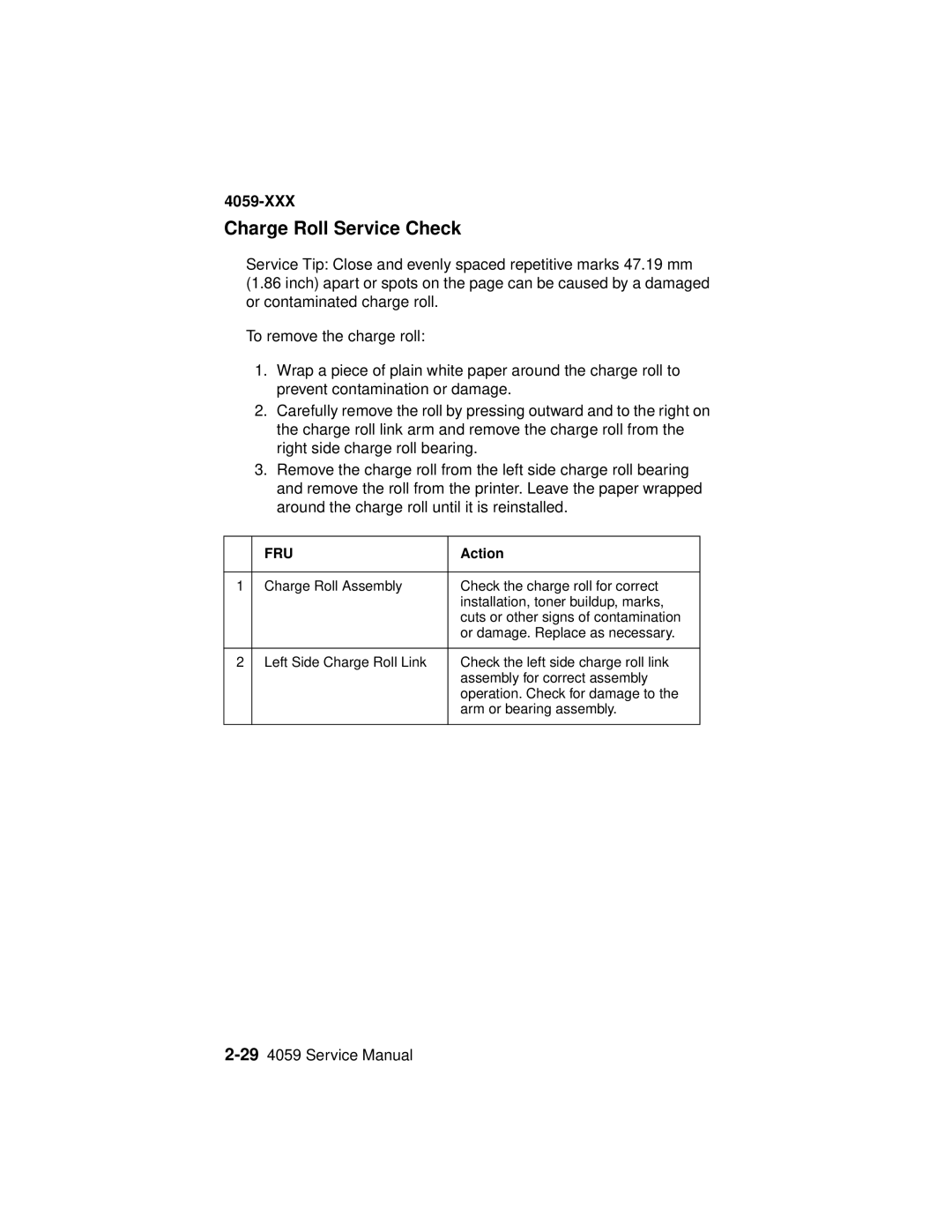 Lexmark 4059-XXX manual Charge Roll Service Check, Fru 