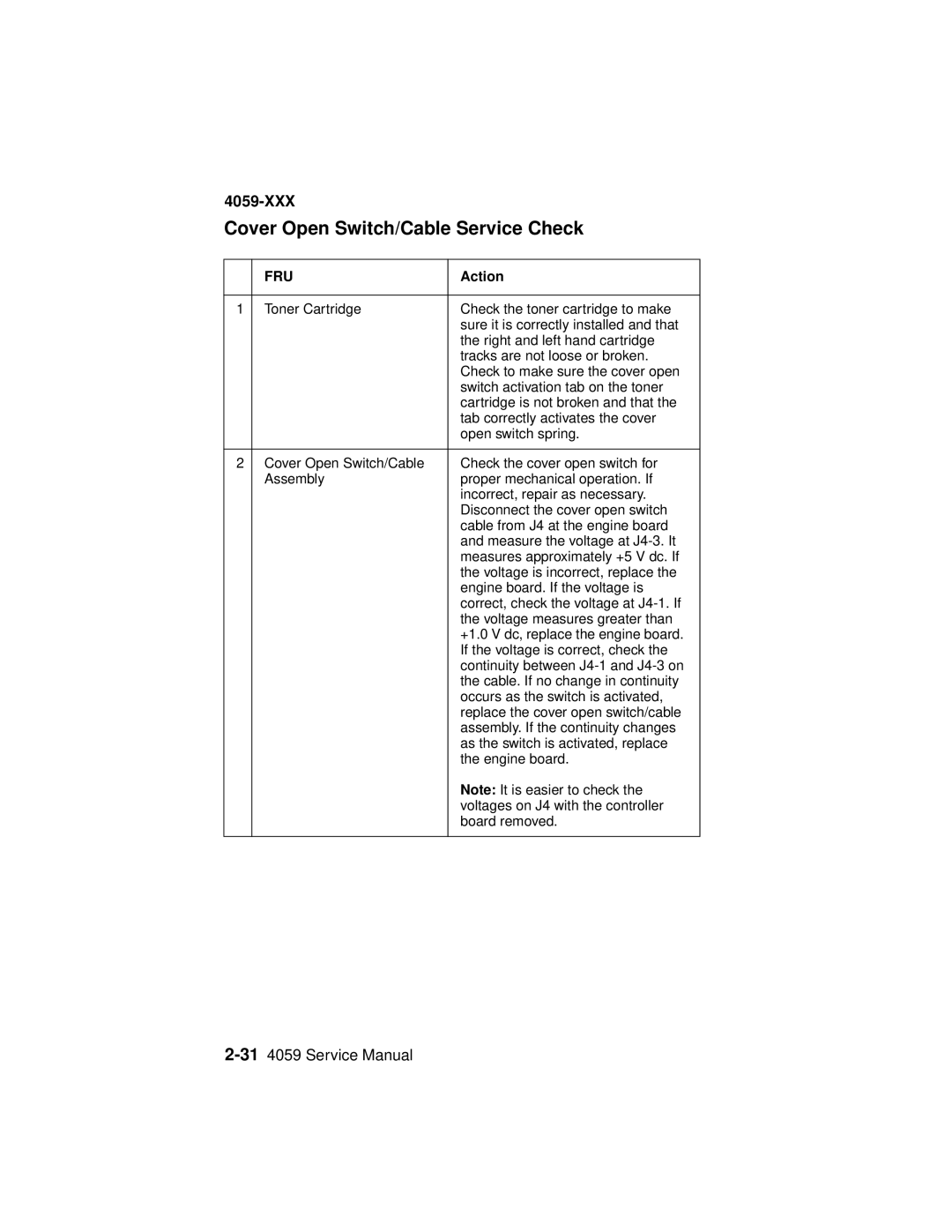 Lexmark 4059-XXX manual Cover Open Switch/Cable Service Check 