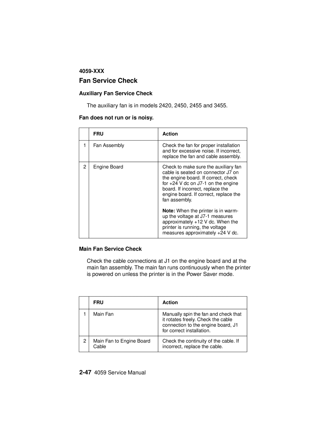 Lexmark 4059-XXX manual Auxiliary Fan Service Check, Fan does not run or is noisy, Main Fan Service Check 