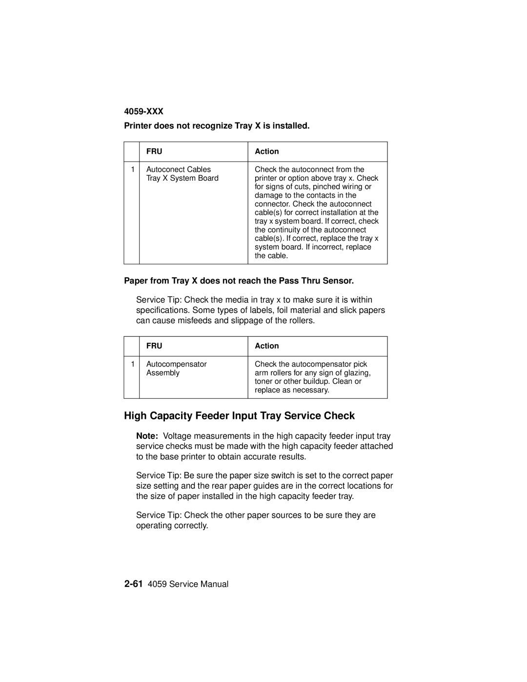 Lexmark 4059-XXX manual High Capacity Feeder Input Tray Service Check, XXX Printer does not recognize Tray X is installed 