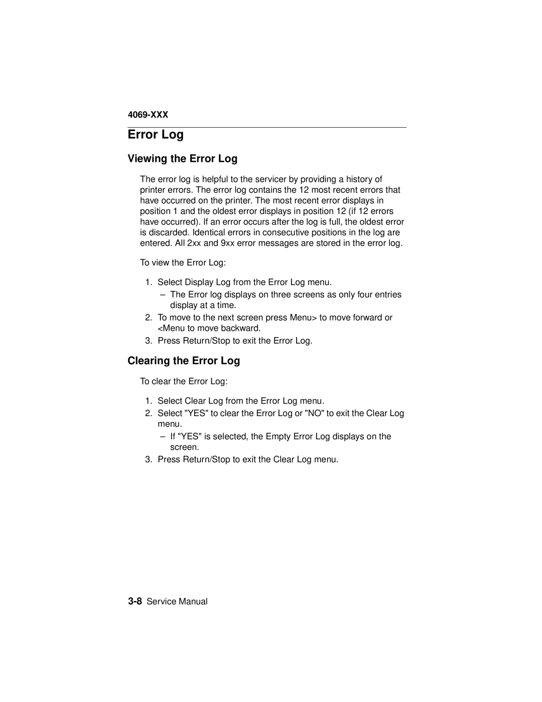 Lexmark 4069-XXX manual Viewing the Error Log, Clearing the Error Log 