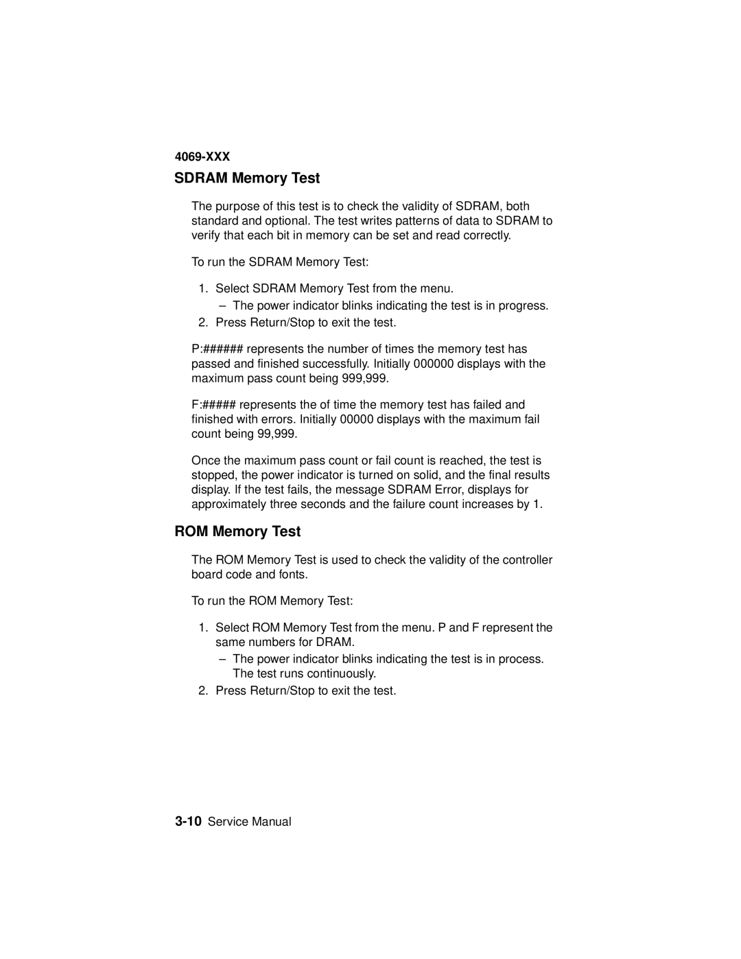 Lexmark 4069-XXX manual Sdram Memory Test, ROM Memory Test 