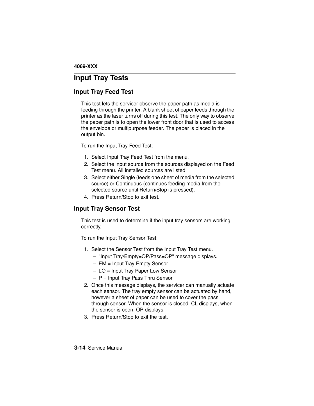 Lexmark 4069-XXX manual Input Tray Tests, Input Tray Feed Test, Input Tray Sensor Test 