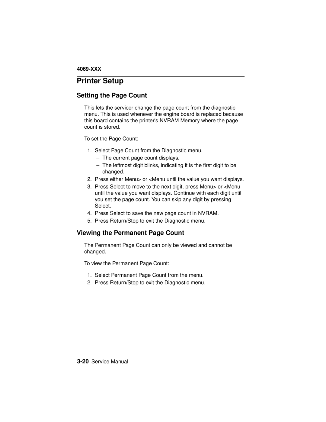 Lexmark 4069-XXX manual Printer Setup, Setting the Page Count, Viewing the Permanent Page Count 