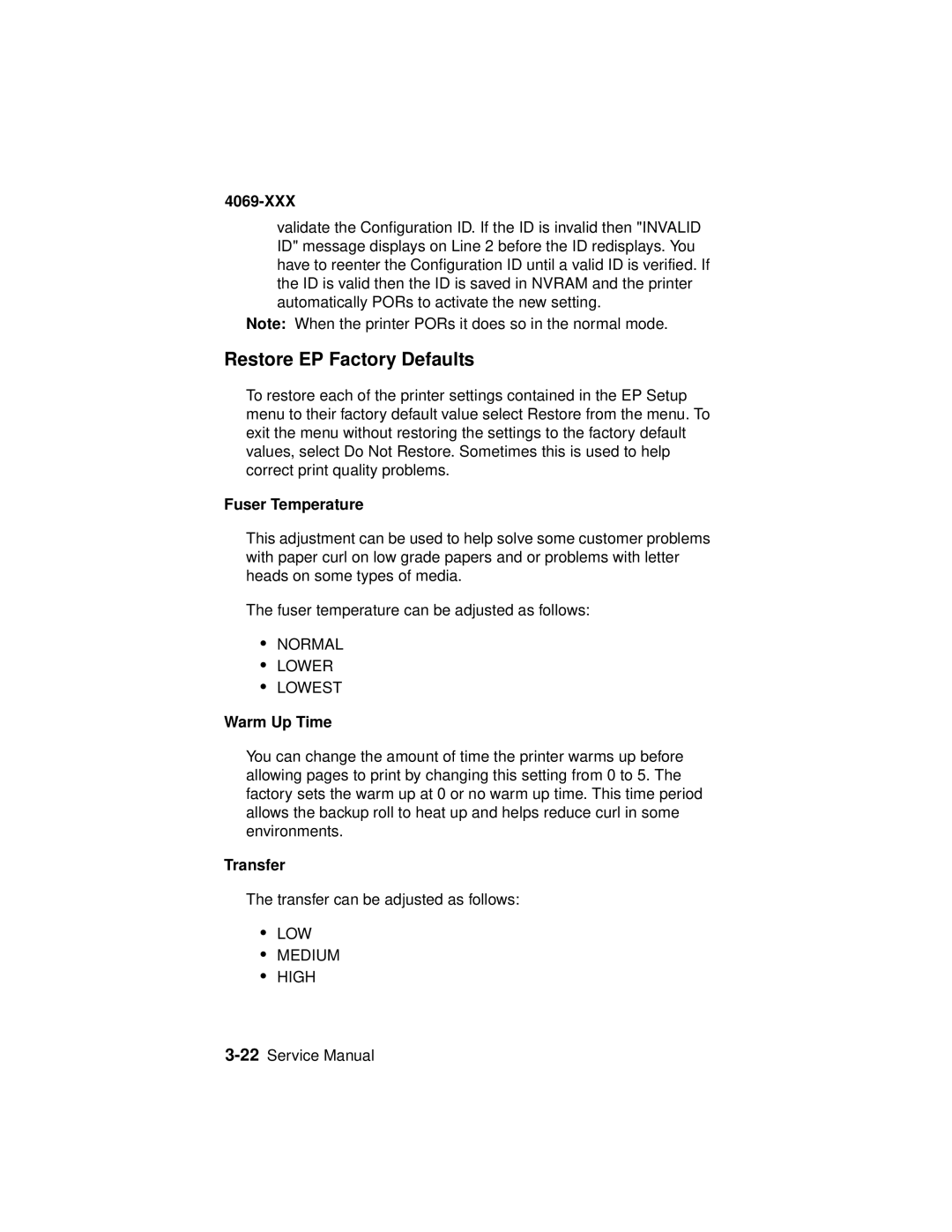 Lexmark 4069-XXX manual Restore EP Factory Defaults, Fuser Temperature, Warm Up Time, Transfer 