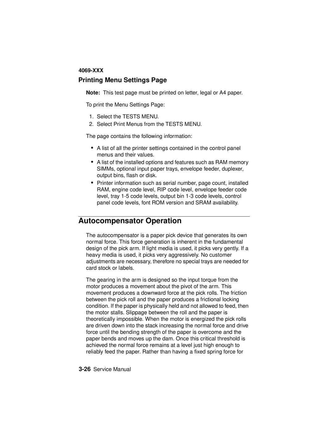 Lexmark 4069-XXX manual Autocompensator Operation, Printing Menu Settings 