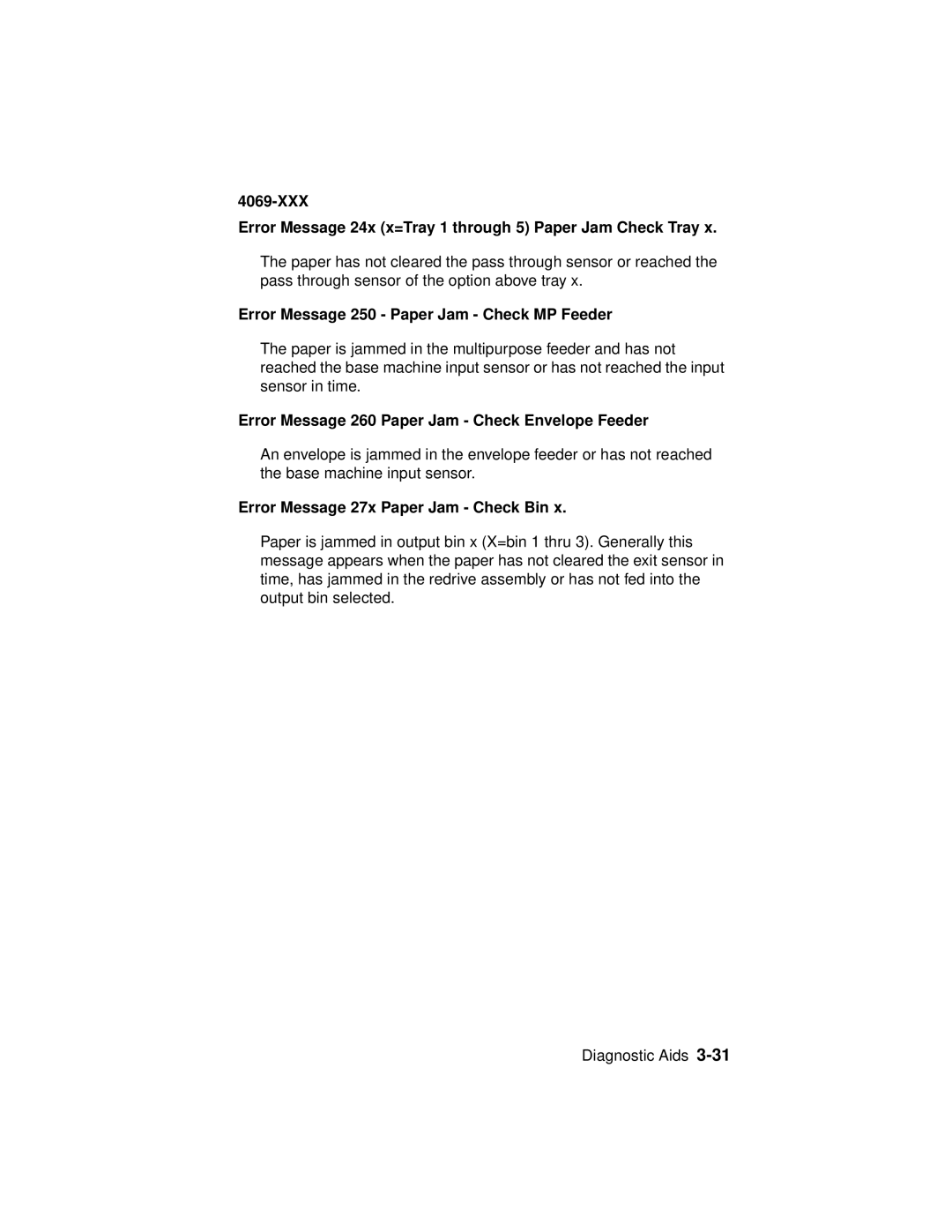 Lexmark 4069-XXX manual Error Message 250 Paper Jam Check MP Feeder, Error Message 260 Paper Jam Check Envelope Feeder 