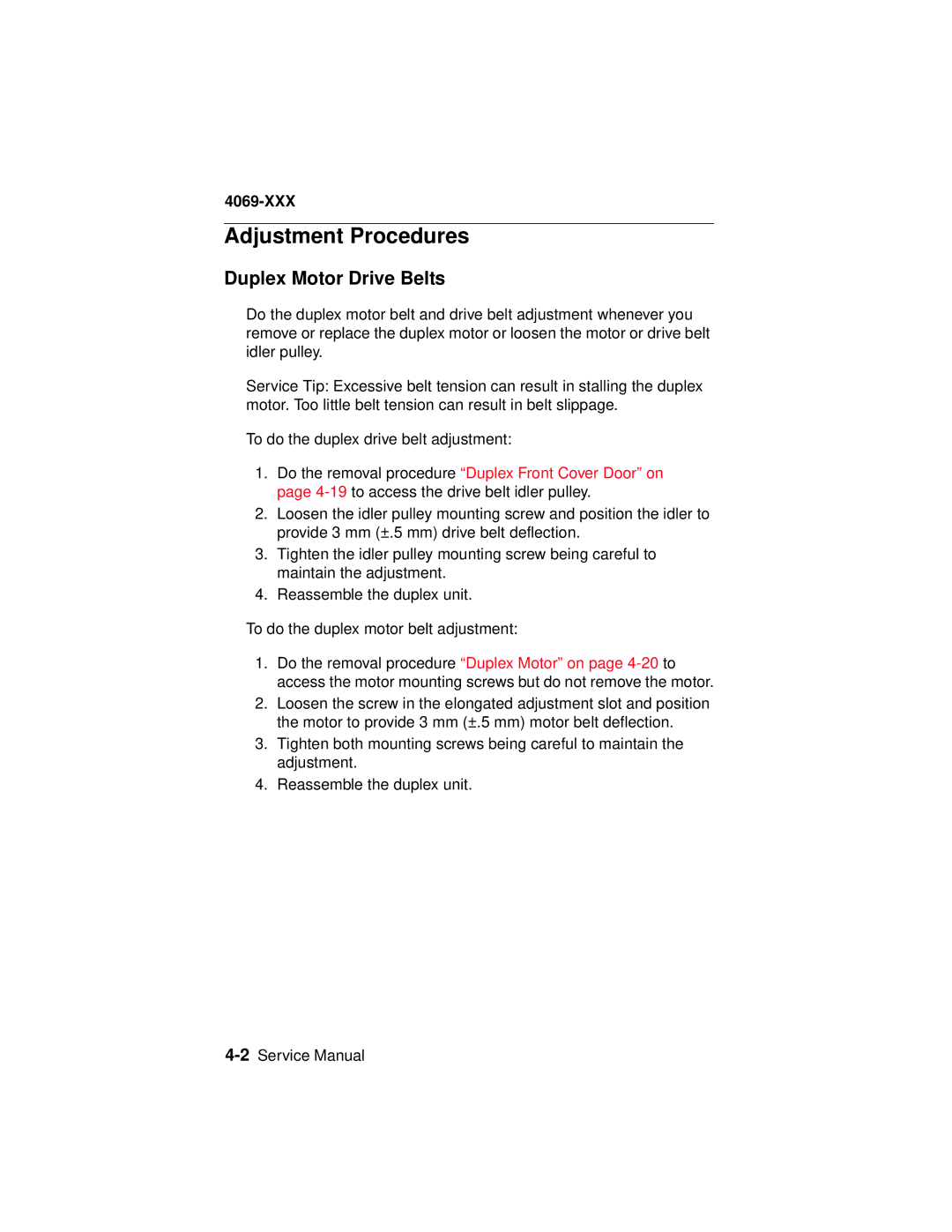 Lexmark 4069-XXX manual Adjustment Procedures, Duplex Motor Drive Belts 