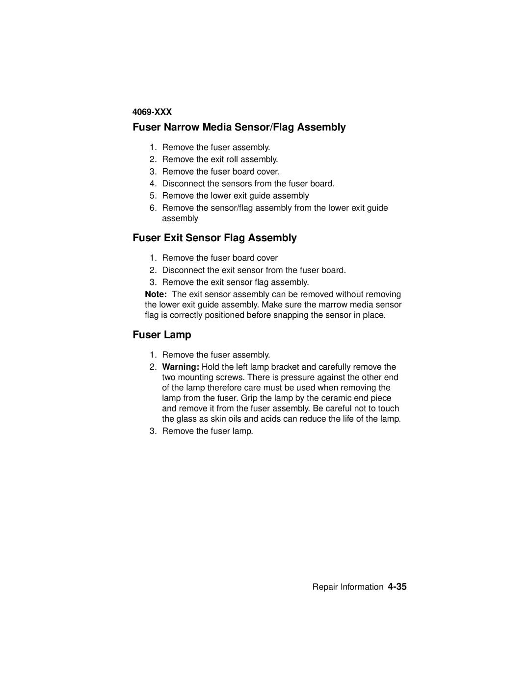 Lexmark 4069-XXX manual Fuser Narrow Media Sensor/Flag Assembly, Fuser Exit Sensor Flag Assembly, Fuser Lamp 