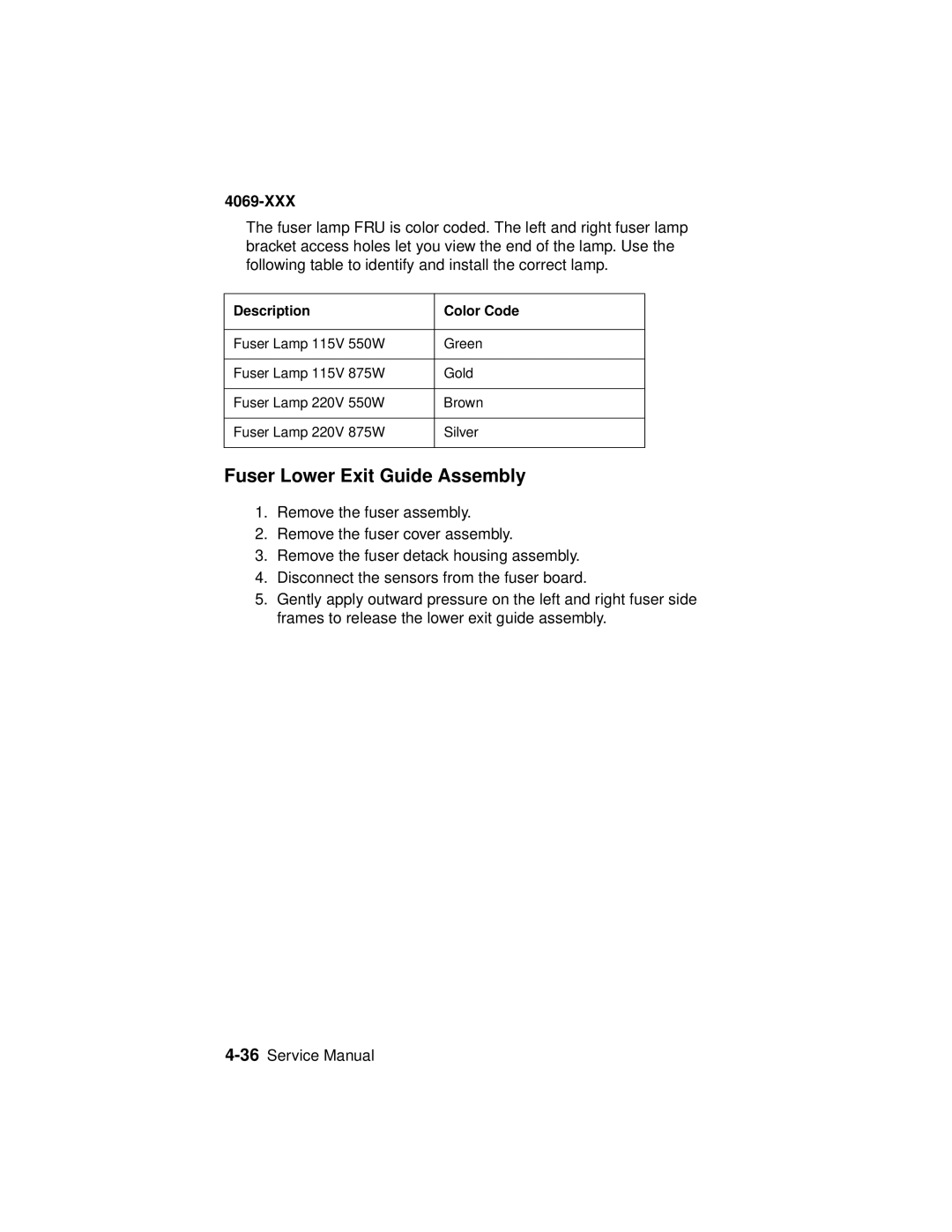 Lexmark 4069-XXX manual Fuser Lower Exit Guide Assembly, Description Color Code 