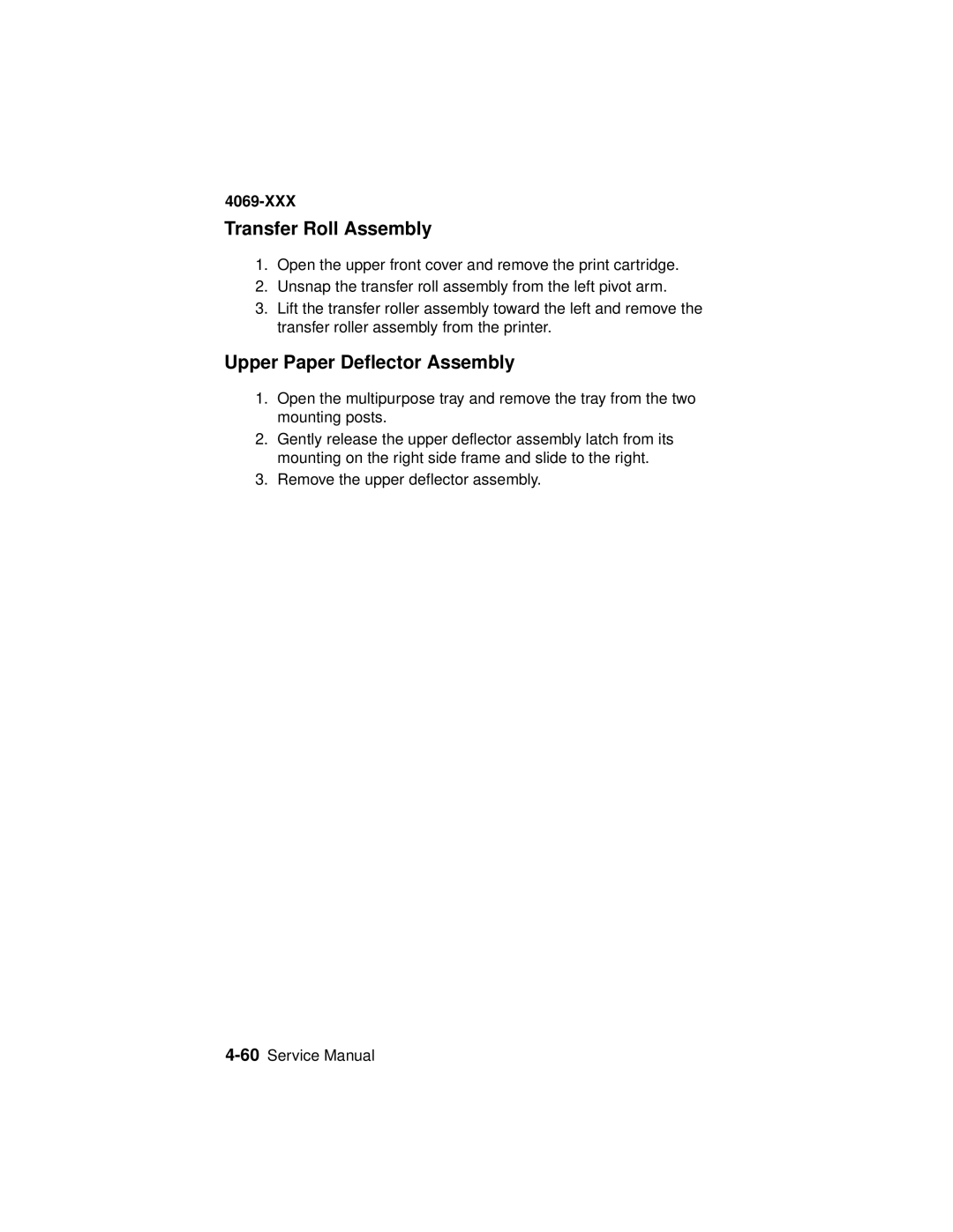 Lexmark 4069-XXX manual Transfer Roll Assembly, Upper Paper Deflector Assembly 