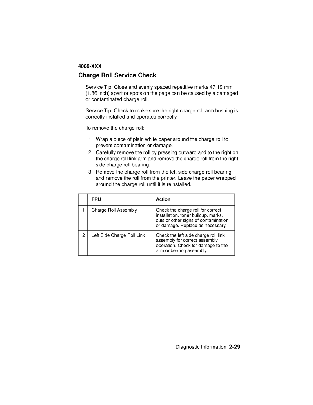 Lexmark 4069-XXX manual Charge Roll Service Check, Fru 