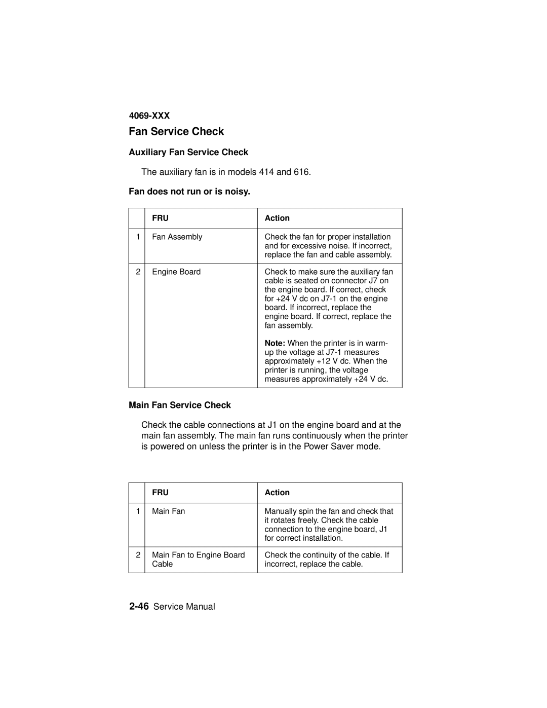 Lexmark 4069-XXX manual Auxiliary Fan Service Check, Fan does not run or is noisy, Main Fan Service Check 