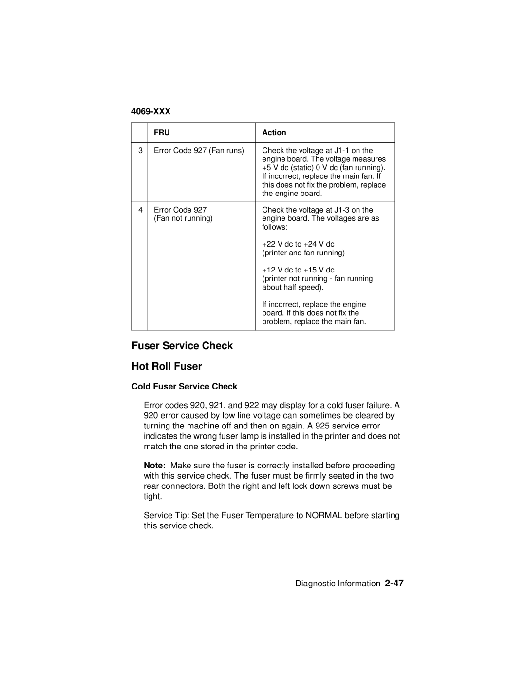 Lexmark 4069-XXX manual Fuser Service Check Hot Roll Fuser, Cold Fuser Service Check 