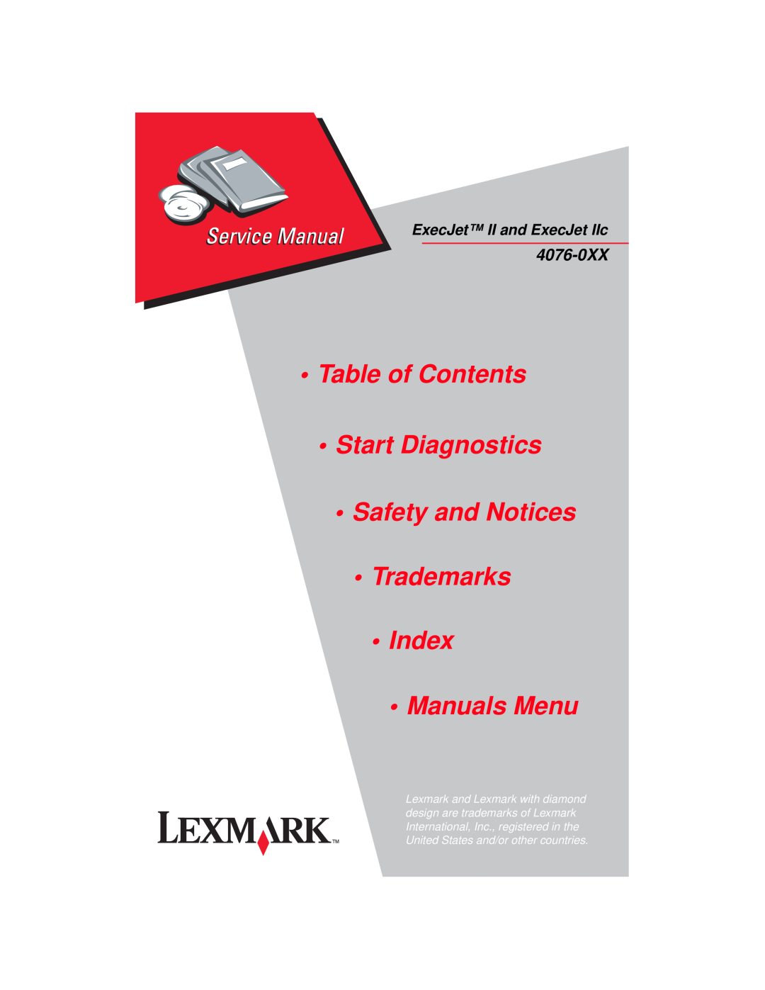 Lexmark 4076-0XX manual •Table of Contents •Start Diagnostics, •Safety and Notices •Trademarks •Index, •Manuals Menu 