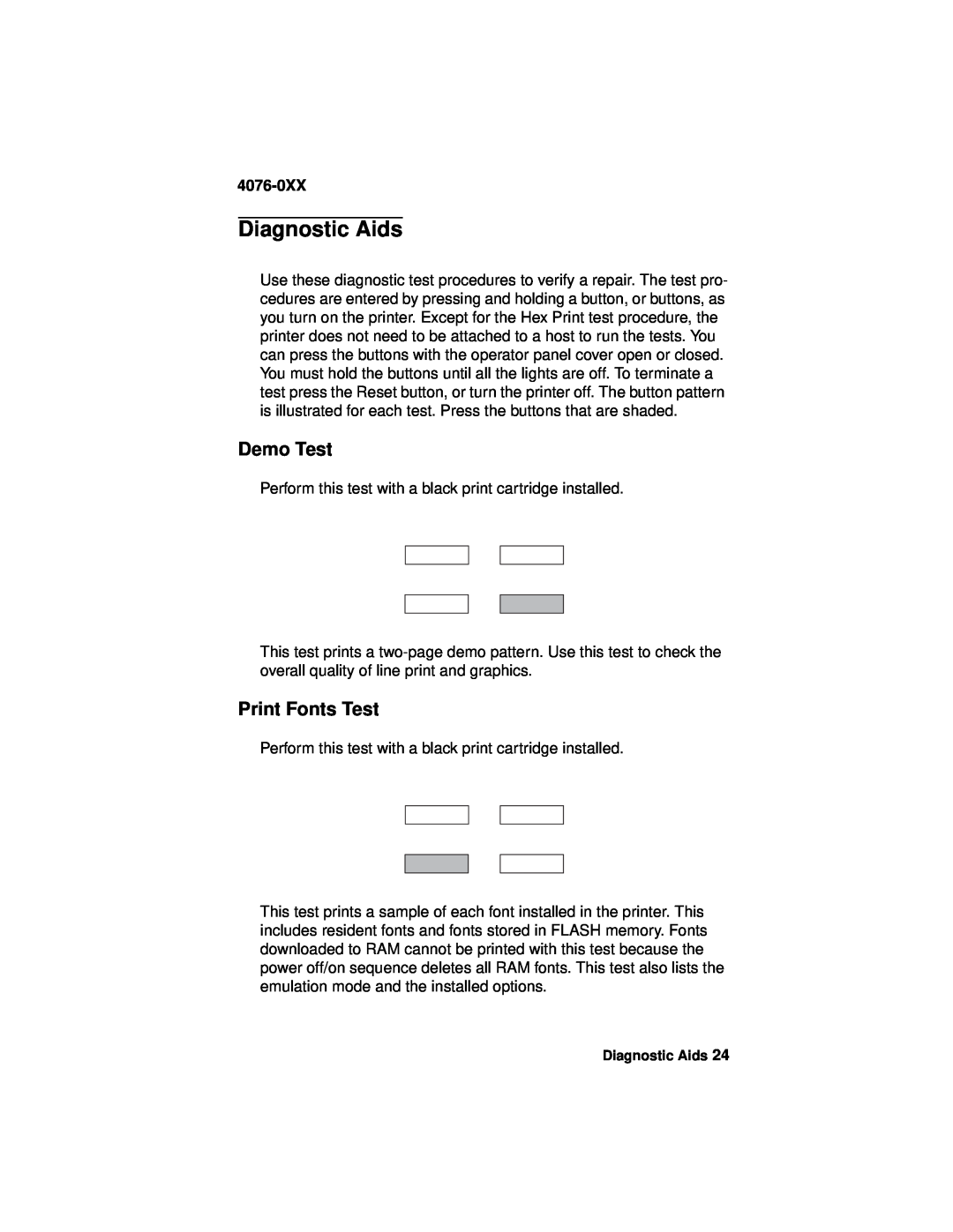 Lexmark 4076-0XX manual Diagnostic Aids, Demo Test, Print Fonts Test 