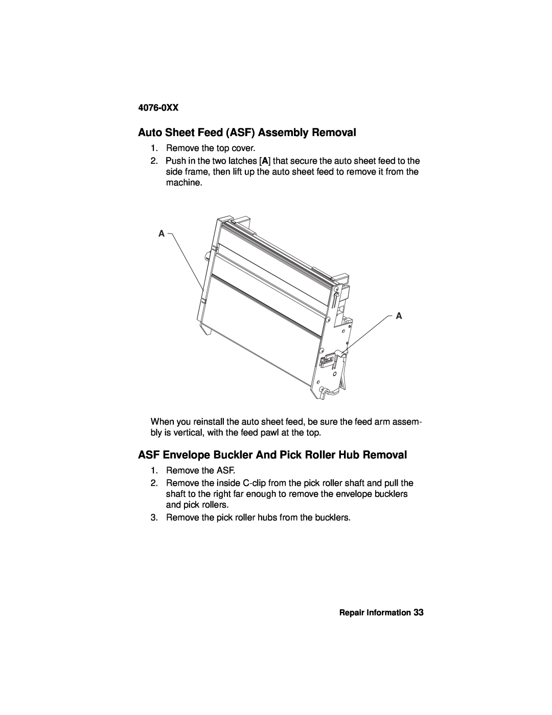 Lexmark 4076-0XX manual Auto Sheet Feed ASF Assembly Removal, ASF Envelope Buckler And Pick Roller Hub Removal 