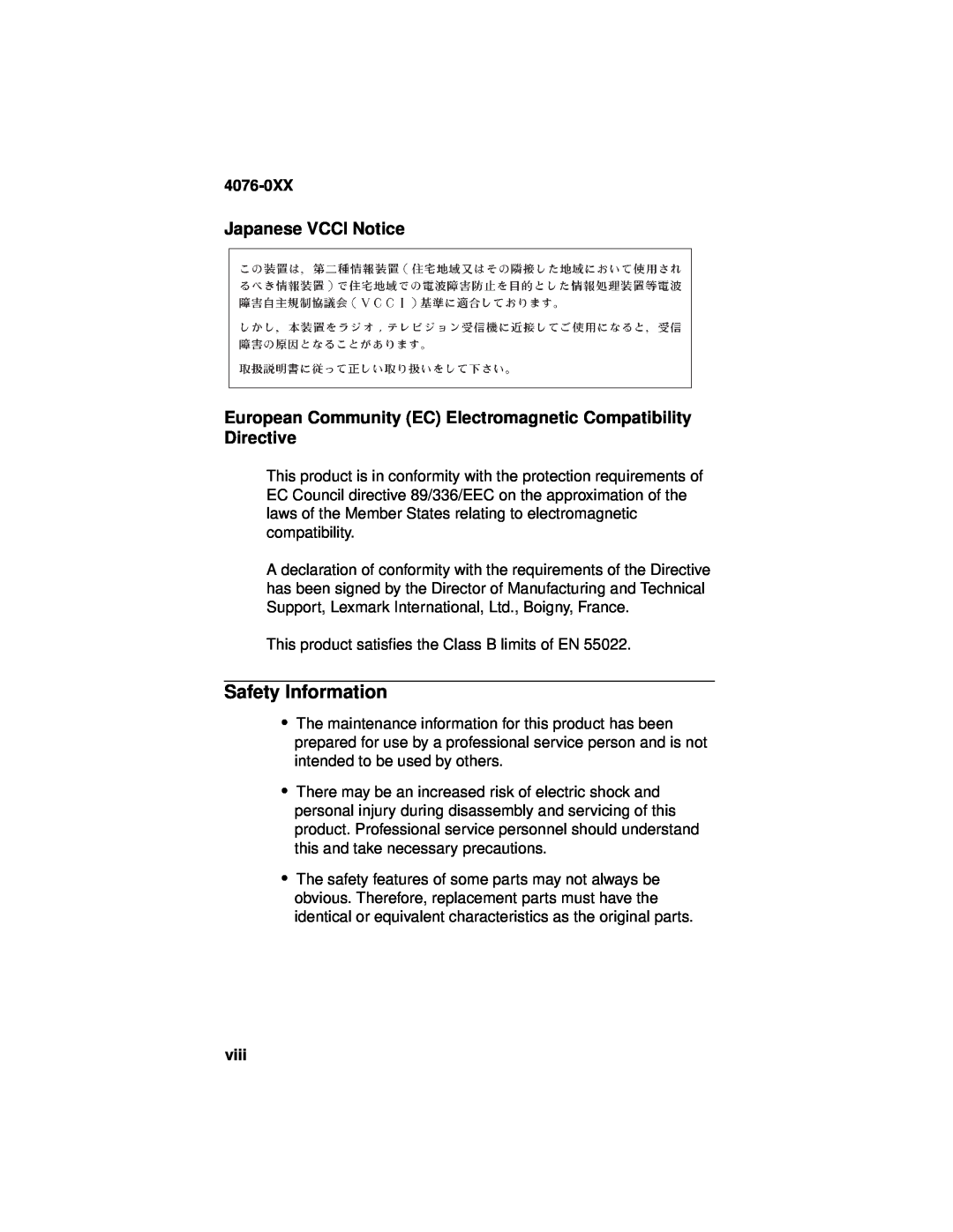 Lexmark 4076-0XX manual Safety Information, Japanese VCCI Notice, viii 