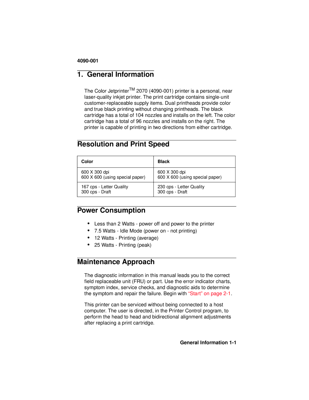 Lexmark 4090-001 manual General Information, Resolution and Print Speed, Power Consumption, Maintenance Approach 